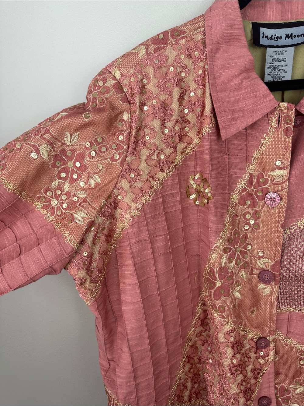Vintage Indigo Moon Pink Gold Sequin Patchwork Art To Wear Jacket - Picture 5 of 11